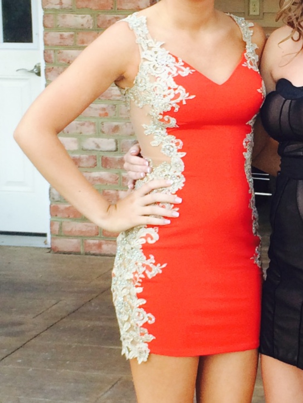 Jovani Red Mini Dress with Gold Lace Appliqués